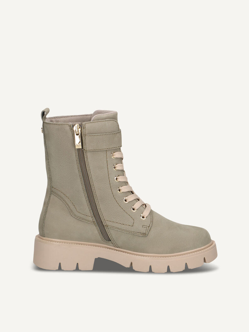 Beiger Leder-Damenstiefel mit goldenem Reißverschluss und modischer Schnalle