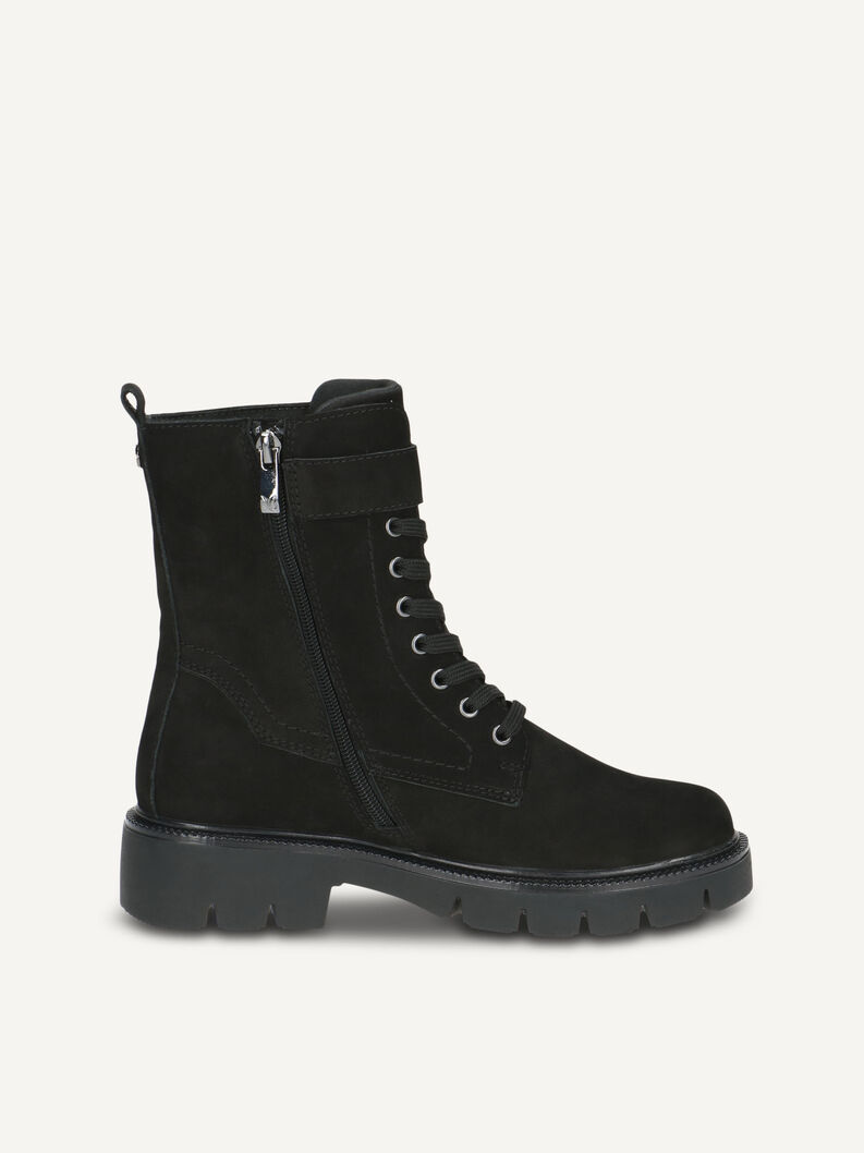 Schwarze Veloursleder-Stiefelette mit Rei&szlig;verschluss und breitem Riemen