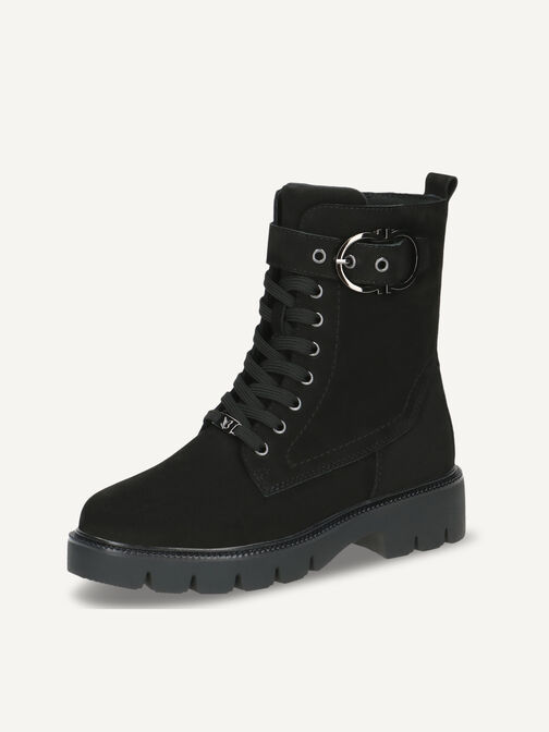 Schwarze Veloursleder-Stiefelette mit breitem Riemen und Metallschnalle