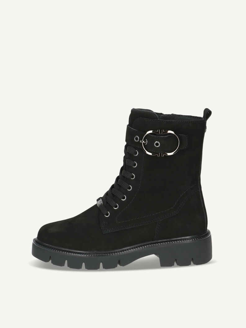 Schwarze Veloursleder-Stiefelette mit dekorativer Metallschnalle an der Seite